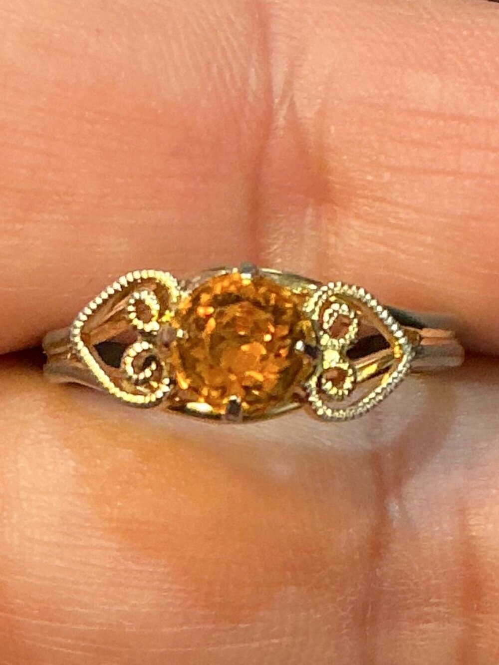 Vintage Orange Rhinestone Filigree Ring Adjustable Size 7